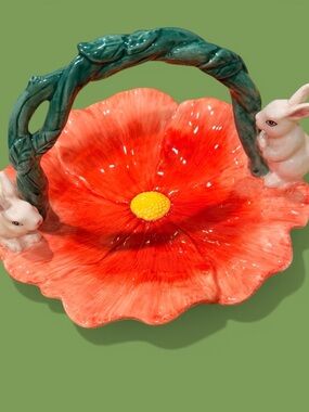 Ceramic Red Poppy Flower Serving Basket with Green Handle and Bunny Accents